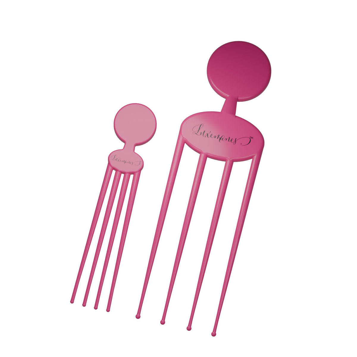 SilkyScratch Braids & Locs Pair: angled studio view of the pink four-prong straight and four-prong curved tools on white.