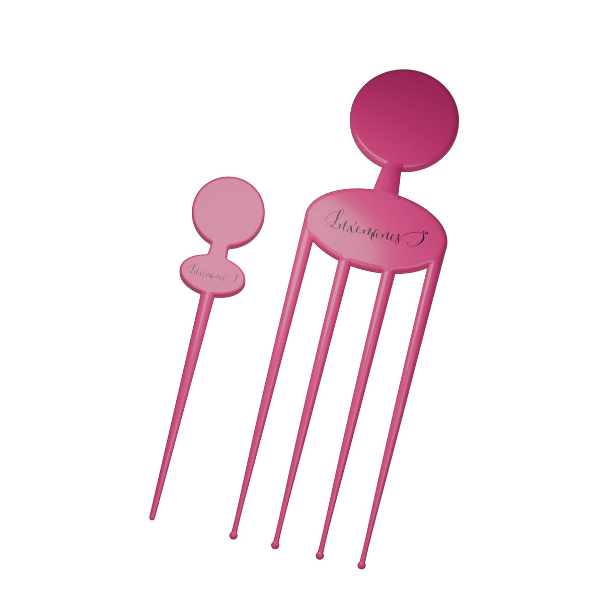 SilkyScratch Wigs & Sheitels Pair: angled studio view of the pink one-prong and four-prong curved tools on white.