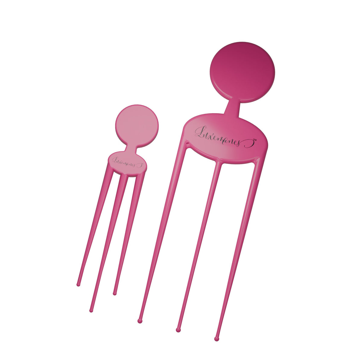 SilkyScratch Everyday Pair: angled studio view of the pink three-prong straight and three-prong curved tools on white.