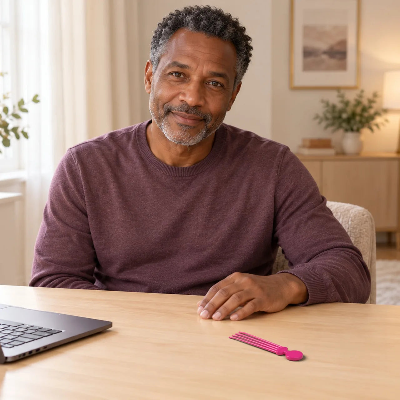 Man with short hair and a pink Glide-Max resting nearby
