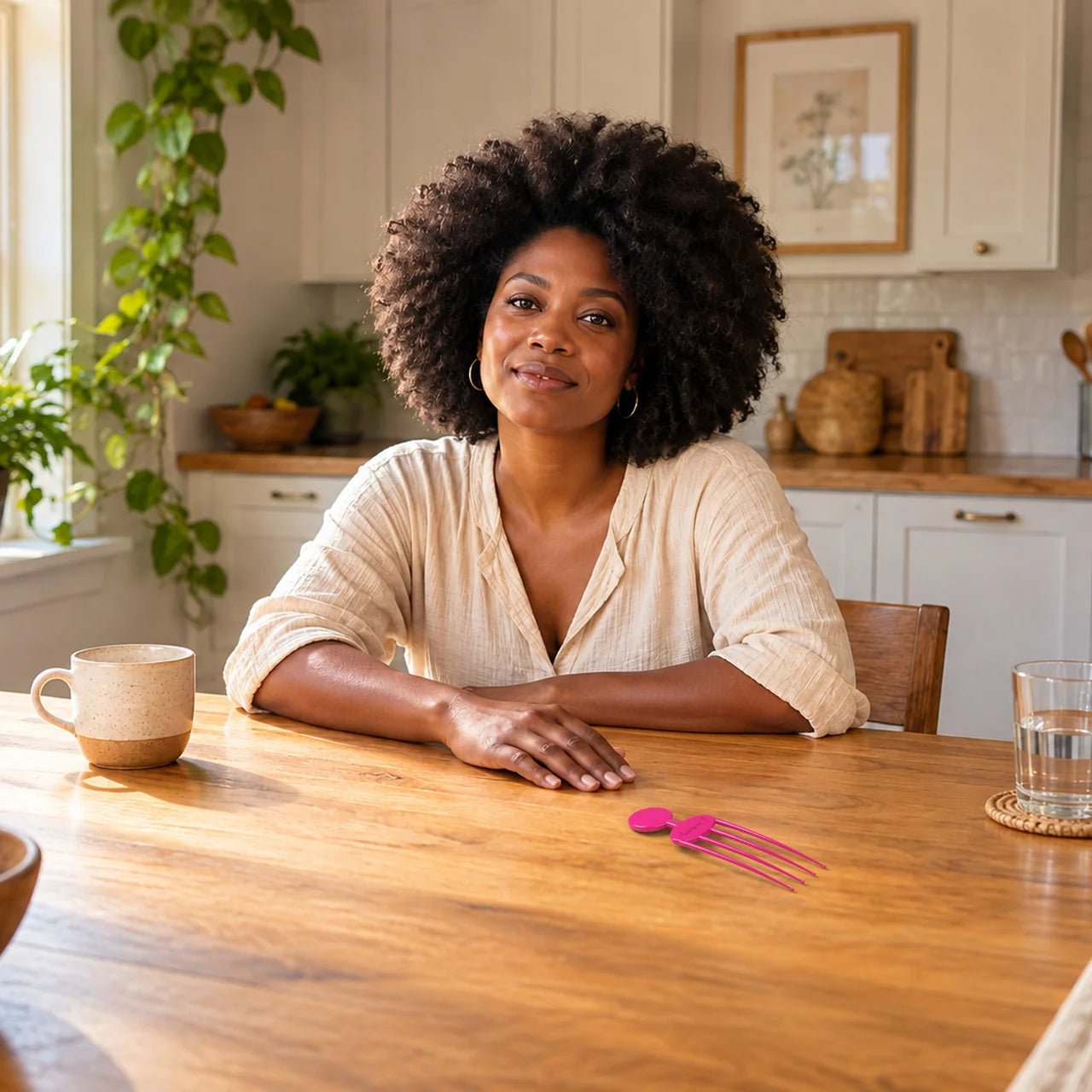 Woman with a full rounded afro beside a pink Deep-Reach resting on a table