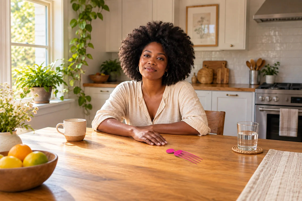 Woman with a full rounded afro beside a pink Deep-Reach resting on a table