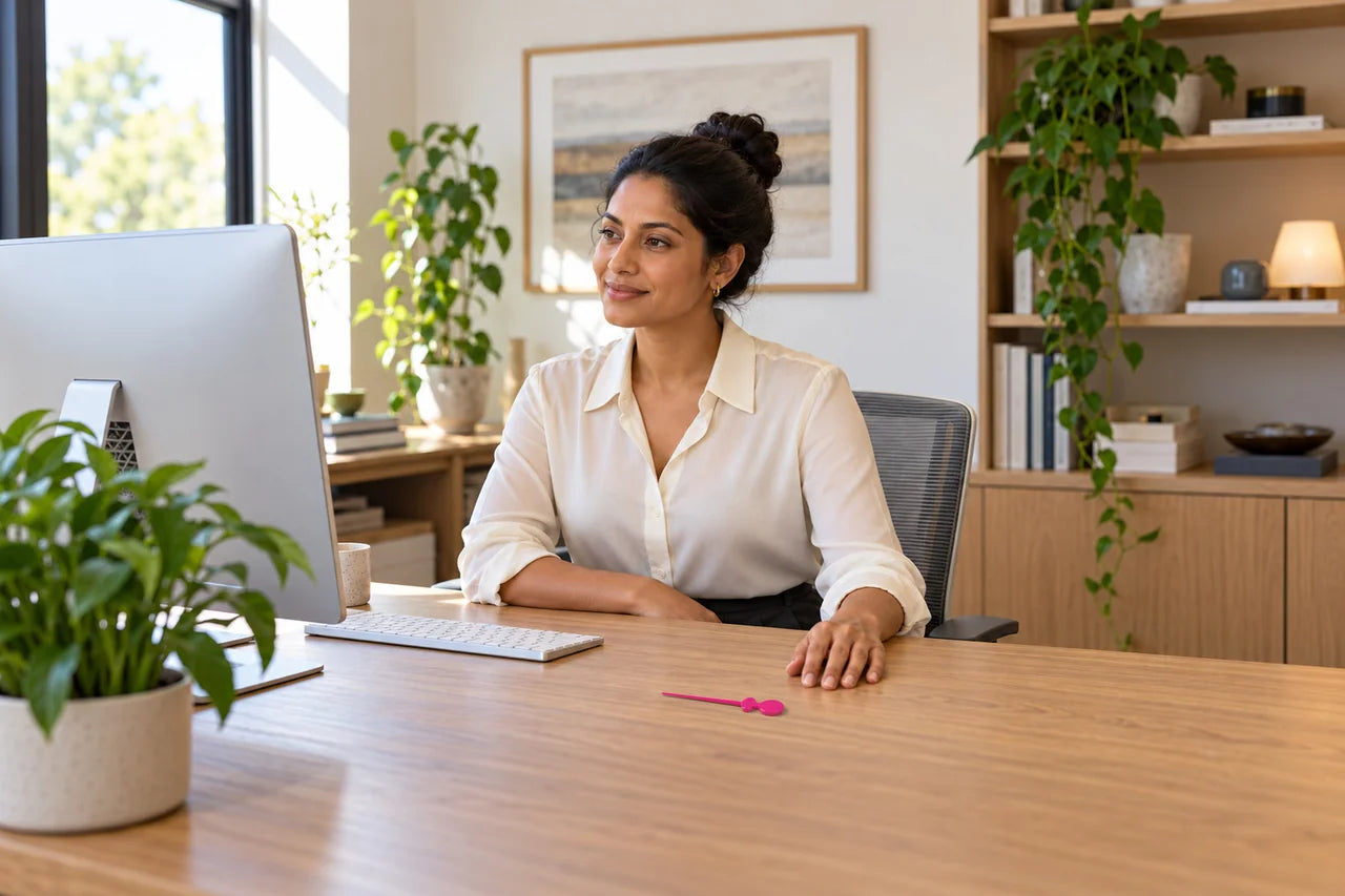 Woman with a neat bun at an office desk, with a pink Precision-Tip beside the keyboard