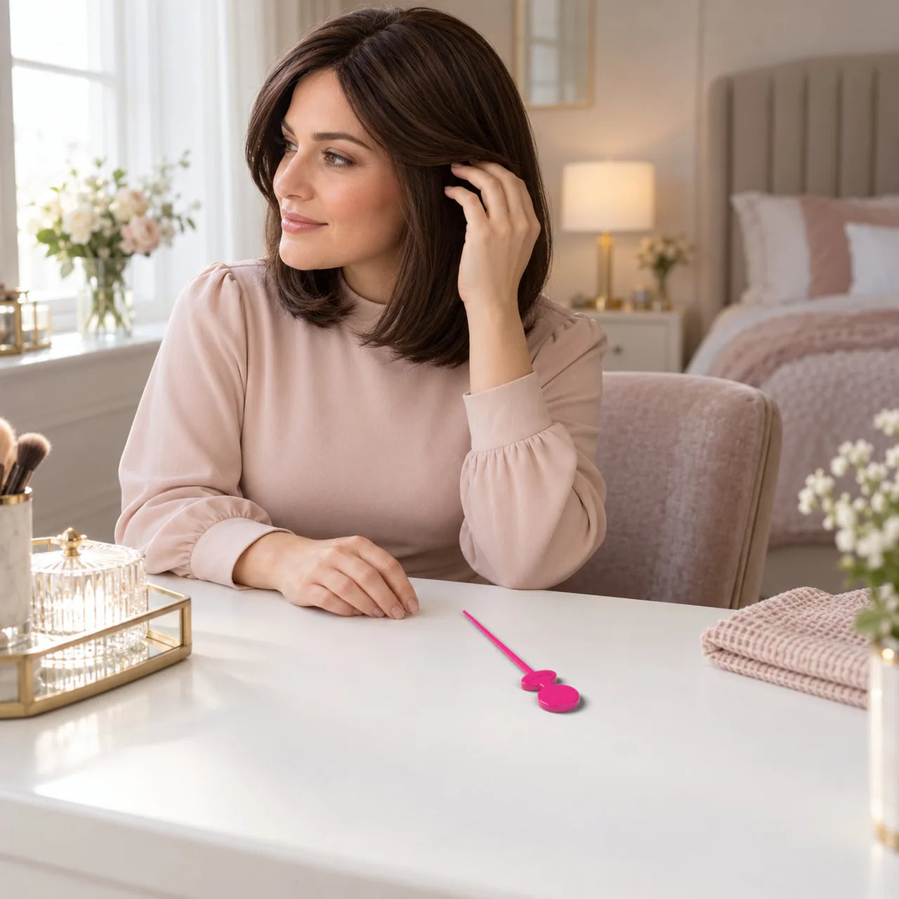 Woman wearing a sheitel with a pink Precision-Tip on her vanity