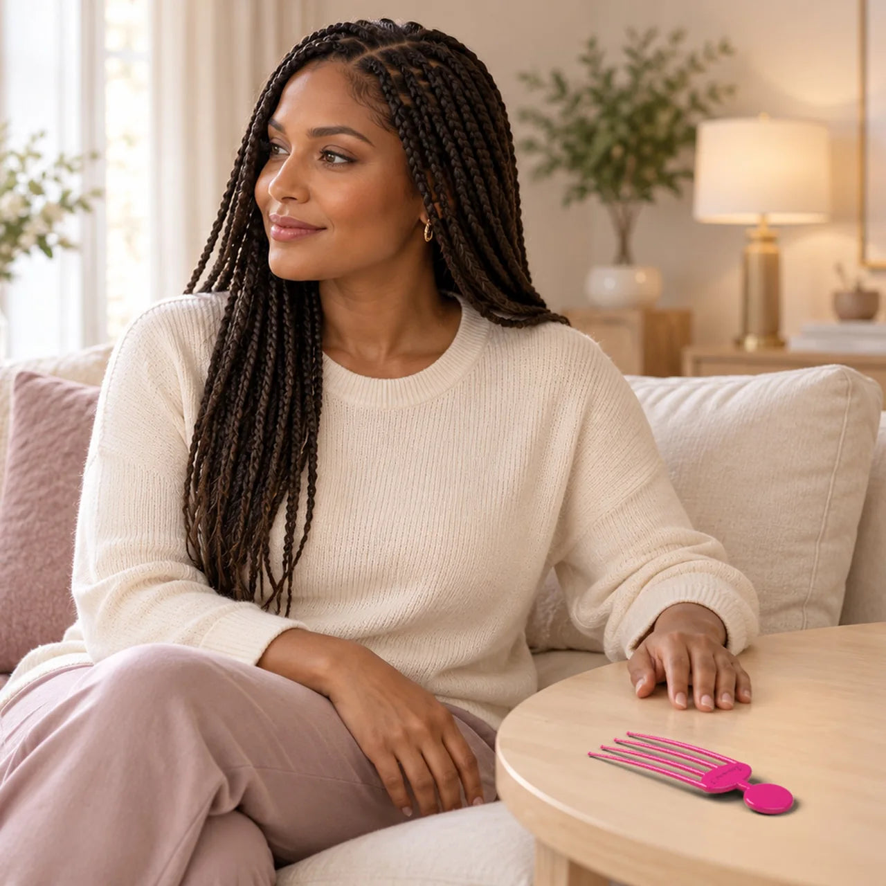 Woman with braids beside a pink Deep-Reach scalp scratcher resting on a table