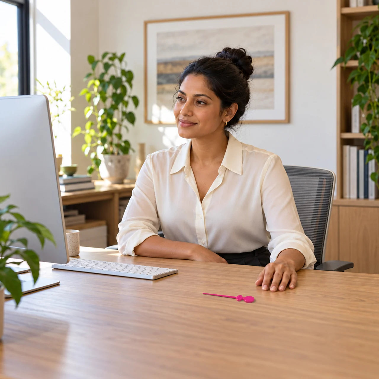 Woman with a neat bun at an office desk, with a pink Precision-Tip beside the keyboard