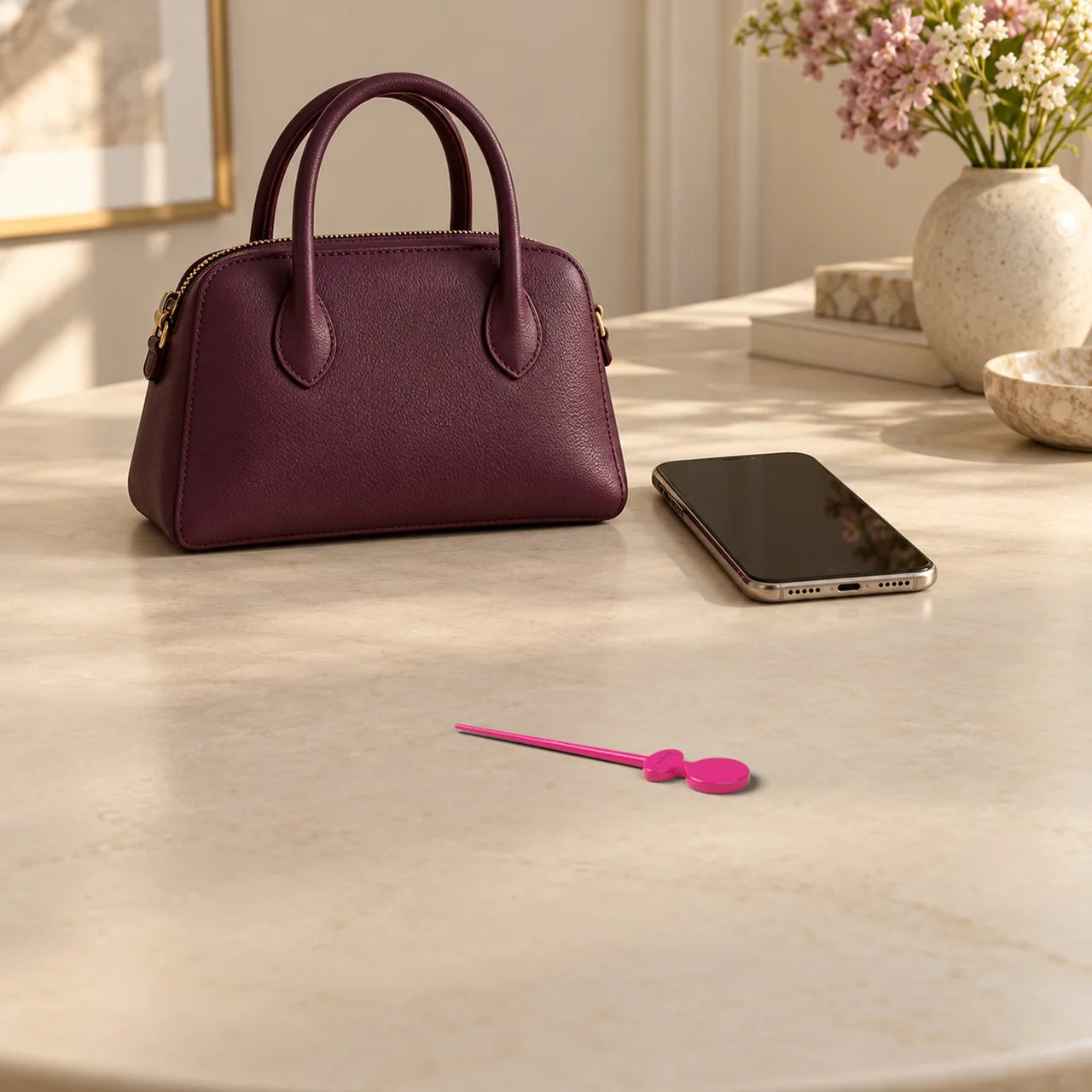 Pink Precision-Tip resting on a table beside a plum handbag and a phone